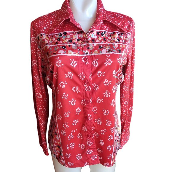 13/14 Large Groovy Vintage Red Floral Disco Top Tami Button-Up 1970's Hippy Boho - Picture 2 of 7